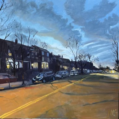 Painting of row houses and a dramatic sky with the last rays of sun behind them.