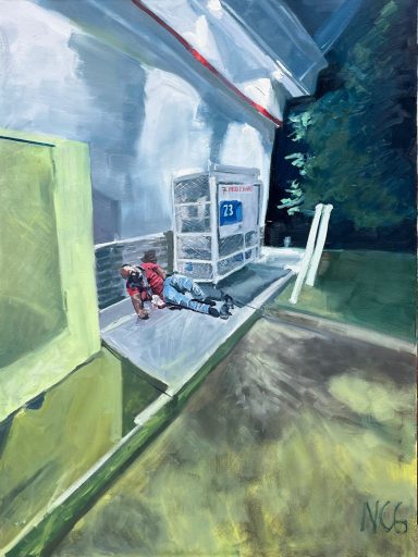 painting of a man sleeping in front of a 7-11 beside the propain tanks