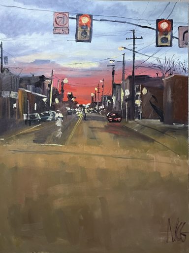 Painting of a red sunset over a city intersection with glowing stoplights and a man in the distance crossing the street.