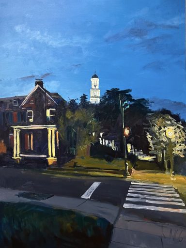 Painting of city houses at night, with glowing street lights and blue sky