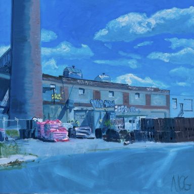 Painting of an old building and construction supplies in front of it in a parking lot