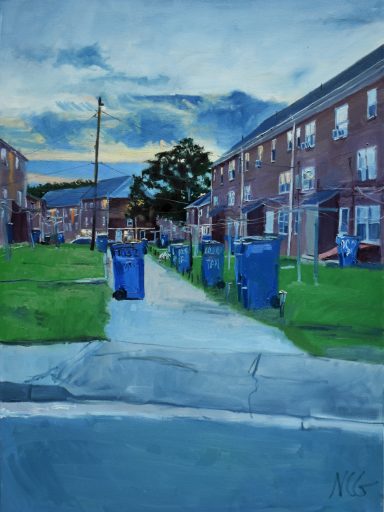 Painting of housing project alley with blue trashcans and a sunset in the background