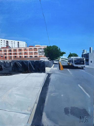 Painting of city bus on deserted street next to an apartment building and a construction site