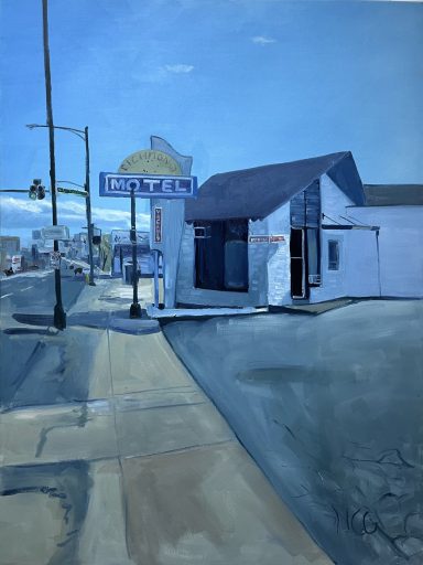 Painting of an old mid century modern motel in a city