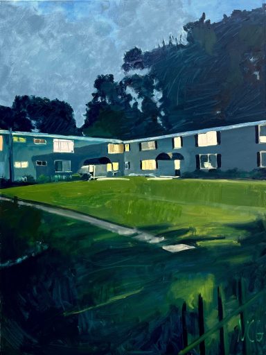 painting of minimalist appearing apartments at night with lit windows and a dark tree behind them