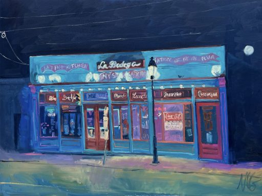 Painting of a closed restaraunt at night painted teal and magenta with glowing lights at night