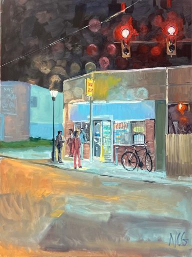 Painting of an inner city convenience store with people standing in front of it in the rain and red stop lights