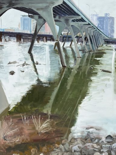 Painting of a river with a bridge going over it and acityu skyline in the background.